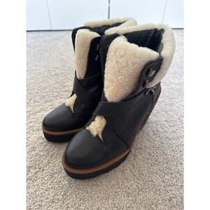 Coach Kenna Black Leather Shearling Wedge Ankle Boots Turnlock Q7953 Womens 5B